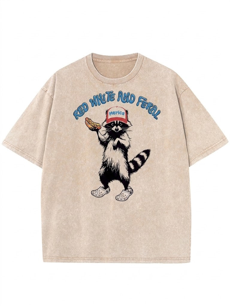 Red White Feral Racoon Washed Men's T-shirt