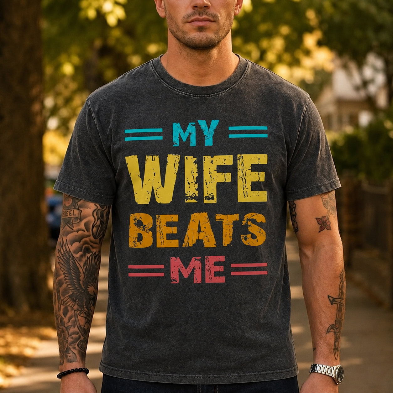 My Wife Beats Me Washed Men's T-shirt