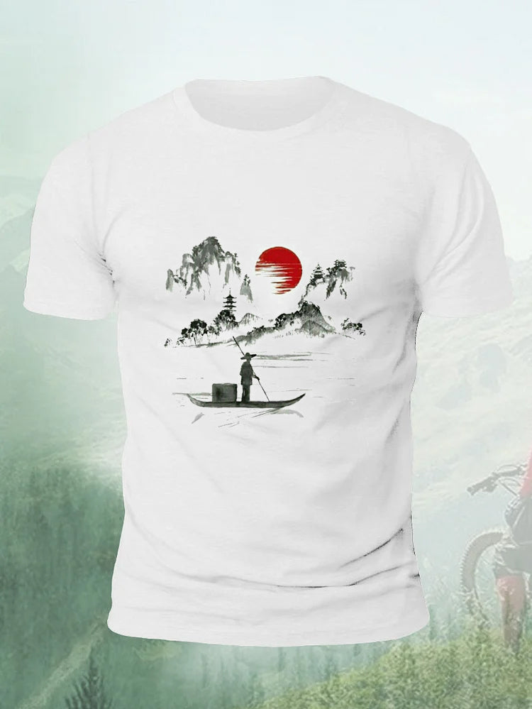 Chinese Ink Landscape Boating Painting Men's T-shirt