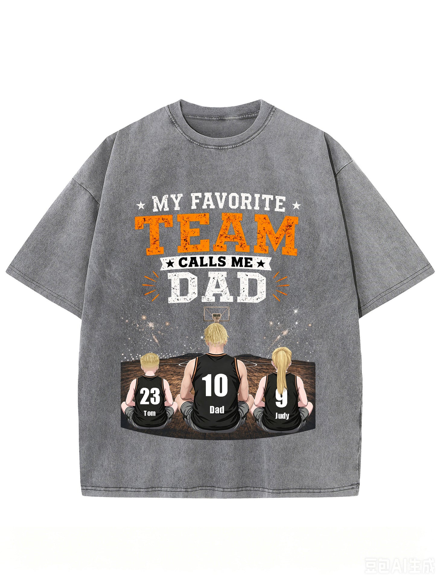 Custom Basketball Dad T-Shirt, Personalized Dad & Kids Names Jersey Number Shirt, Vintage Washed Family Basketball Gift