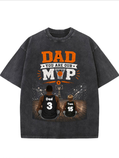 Custom Basketball Dad T-Shirt, Personalized Dad & Kids Names Jersey Number Shirt, Vintage Washed Family Basketball Gift