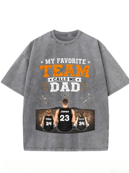 Custom Basketball Dad T-Shirt, Personalized Dad & Kids Names Jersey Number Shirt, Vintage Washed Family Basketball Gift