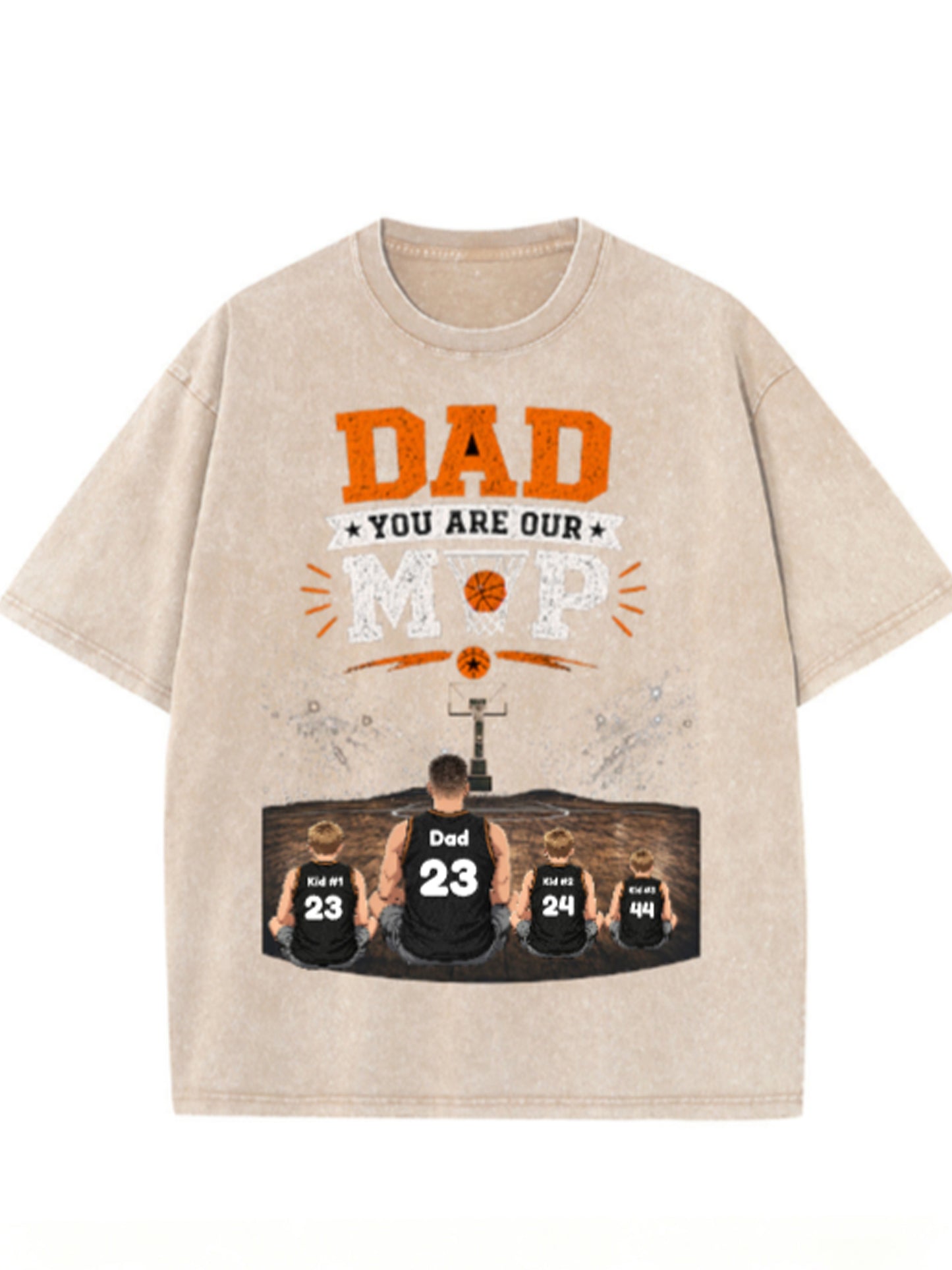 Custom Basketball Dad T-Shirt, Personalized Dad & Kids Names Jersey Number Shirt, Vintage Washed Family Basketball Gift