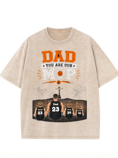 Custom Basketball Dad T-Shirt, Personalized Dad & Kids Names Jersey Number Shirt, Vintage Washed Family Basketball Gift