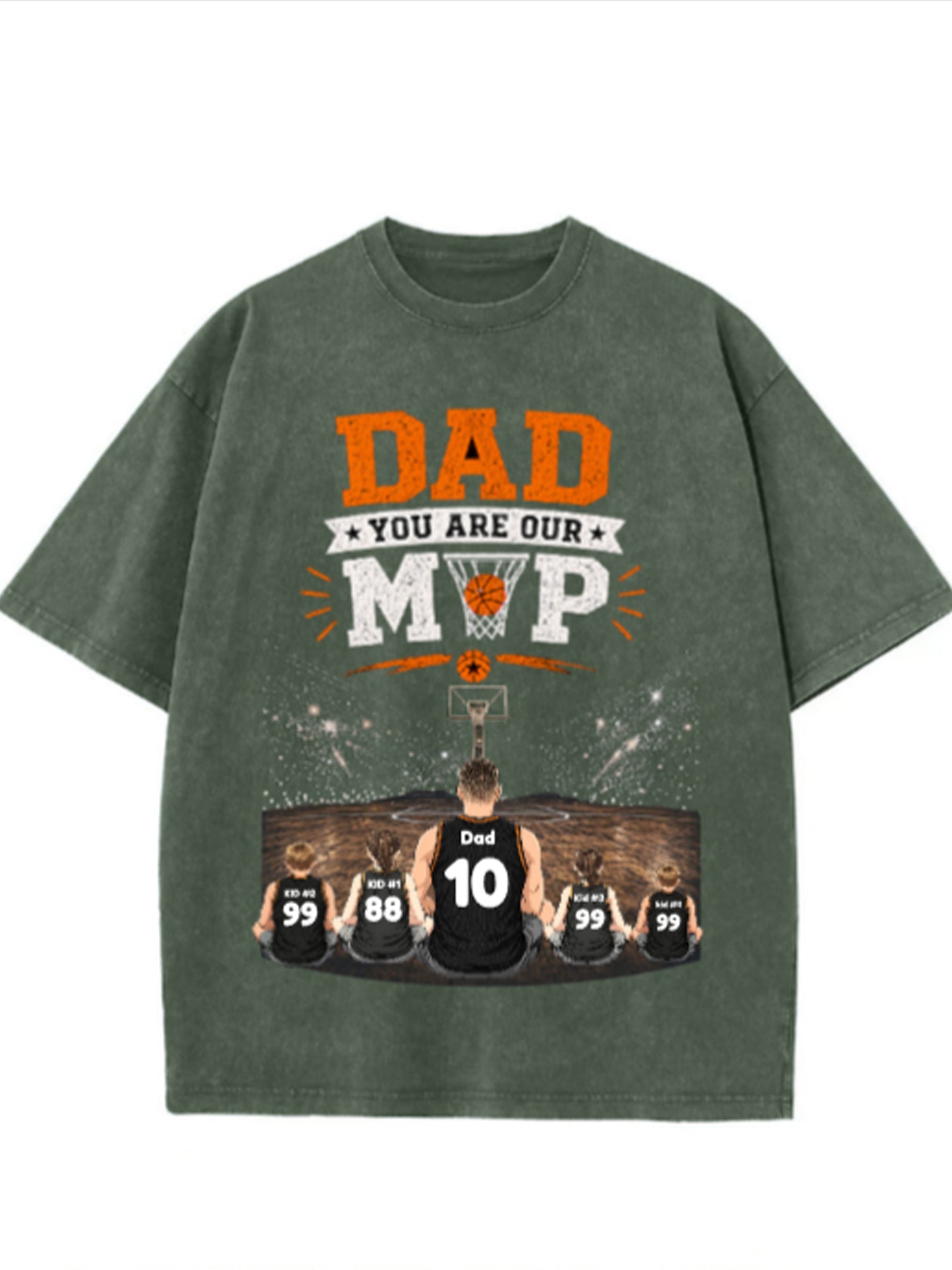 Custom Basketball Dad T-Shirt, Personalized Dad & Kids Names Jersey Number Shirt, Vintage Washed Family Basketball Gift