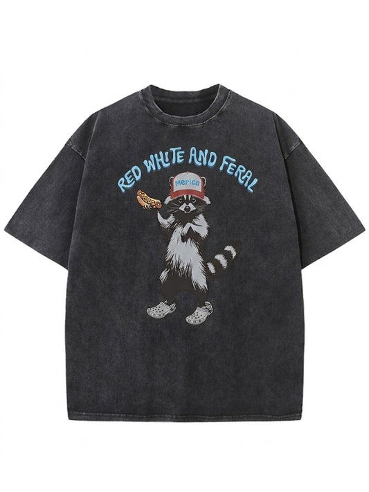 Red White Feral Racoon Washed Men's T-shirt