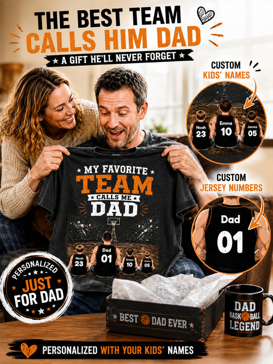 🏀 The Best Team Calls Me Dad | Personalized With Your Kids' Names & Jersey Numbers | Vintage Washed Father's Day Gift