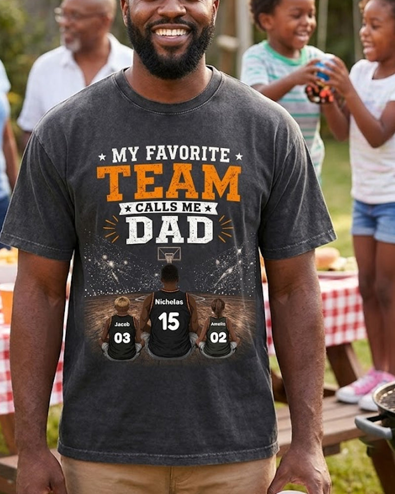 🏀 The Best Team Calls Me Dad | Personalized With Your Kids' Names & Jersey Numbers | Vintage Washed Father's Day Gift