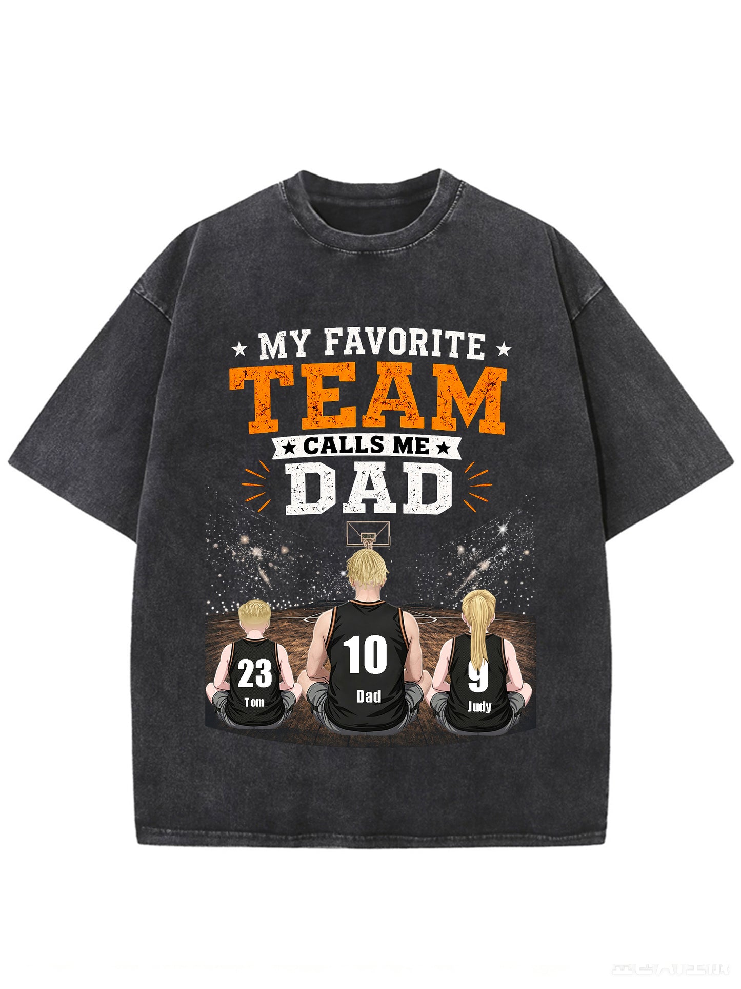 Custom Basketball Dad T-Shirt, Personalized Dad & Kids Names Jersey Number Shirt, Vintage Washed Family Basketball Gift