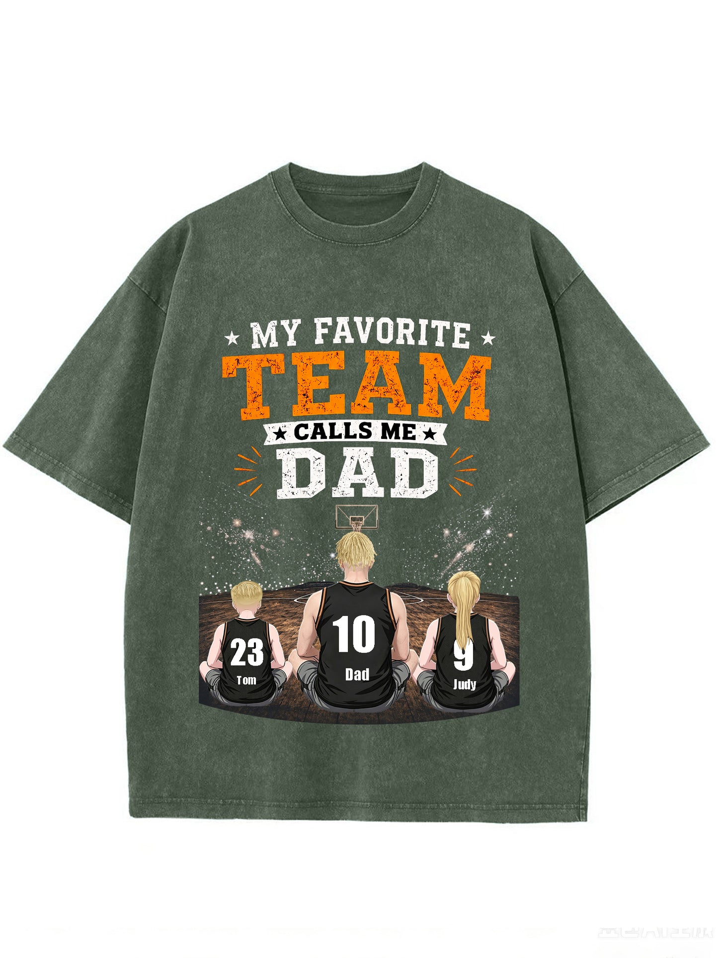 Custom Basketball Dad T-Shirt, Personalized Dad & Kids Names Jersey Number Shirt, Vintage Washed Family Basketball Gift
