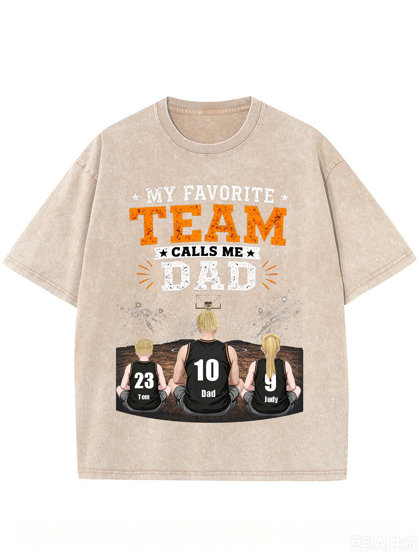 Custom Basketball Dad T-Shirt, Personalized Dad & Kids Names Jersey Number Shirt, Vintage Washed Family Basketball Gift