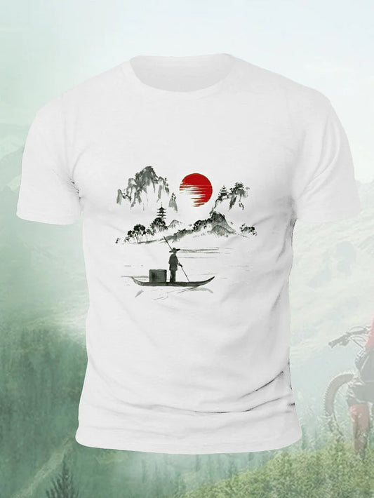 Chinese Ink Landscape Boating Painting Men's T-shirt