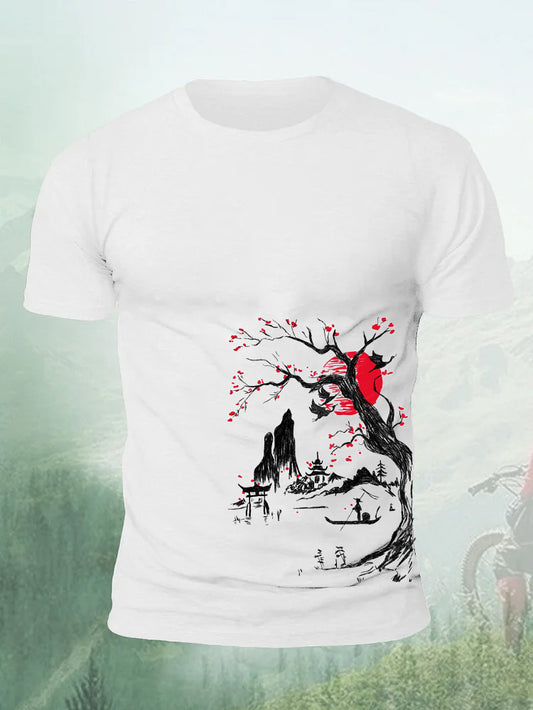 Chinese Ink Plum Blossom Landscape Boating Painting Men's T-shirt