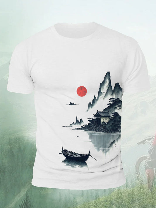Chinese Ink Landscape Boating Painting Men's T-shirt